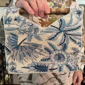 Marshalls Blue Floral Beaded Clutch with Bamboo Handle